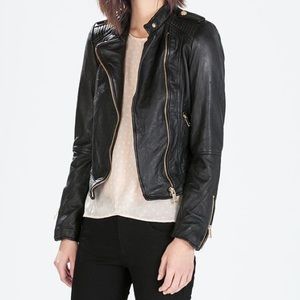 Zara Basic REAL Leather Biker Jacket Black XS